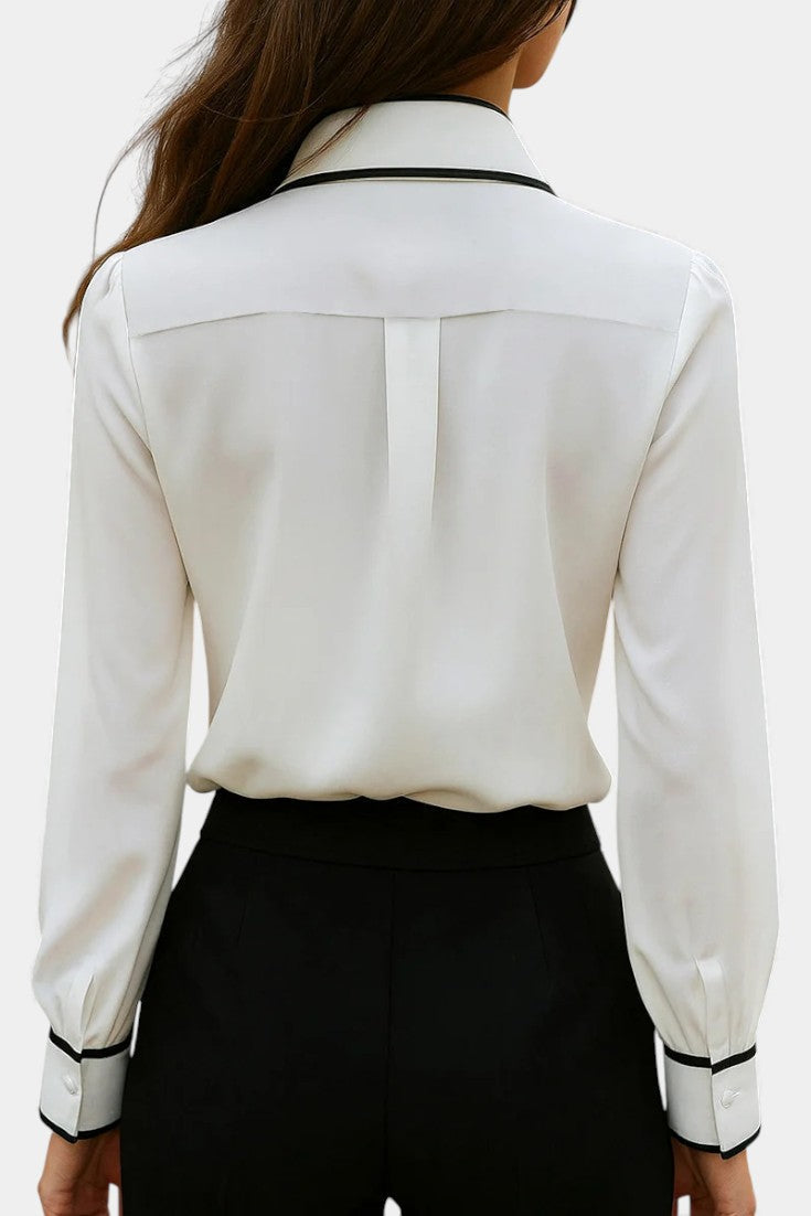 Ivory Blouse with Knotted Collar and Black Contrast Trim