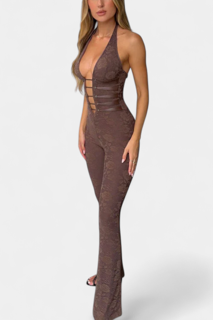 Floral Lace Halter Jumpsuit with Open Back and Flared Leg