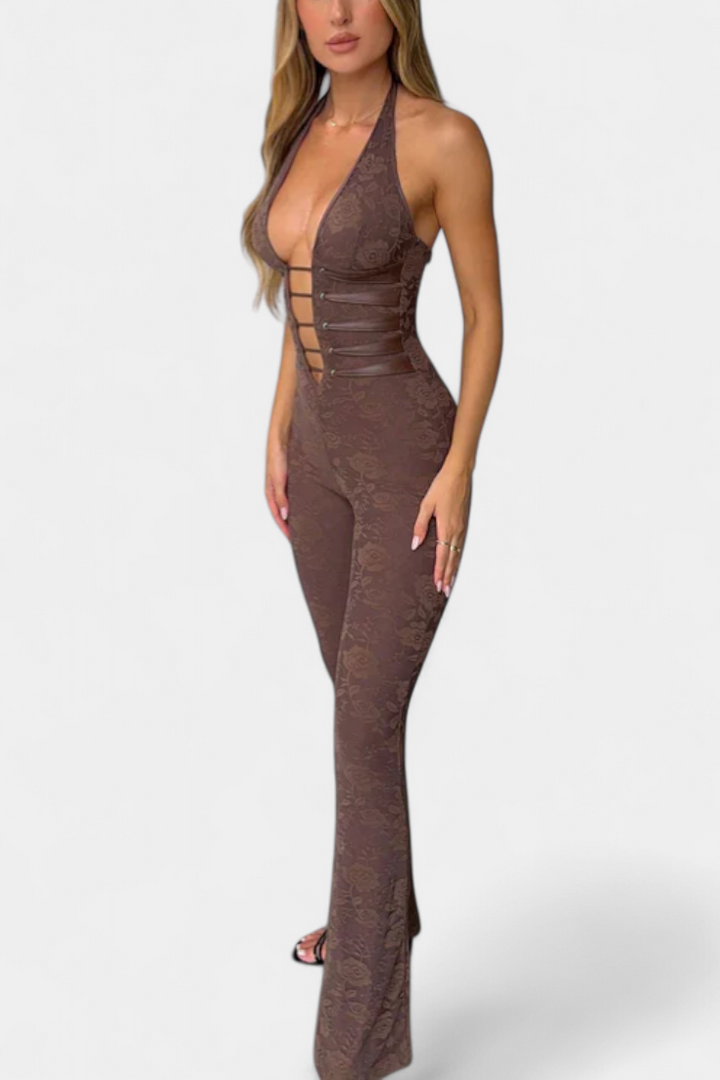 Floral Lace Halter Jumpsuit with Open Back and Flared Leg