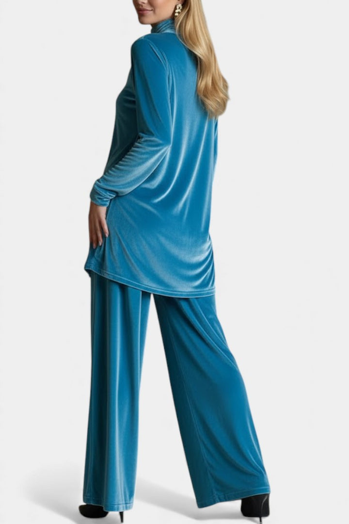 Velvet High Collar Top and Split Pants Set for Women