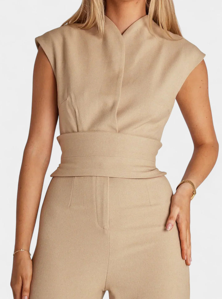 Sleeveless Jumpsuit with High Neck and Wide Leg Flare