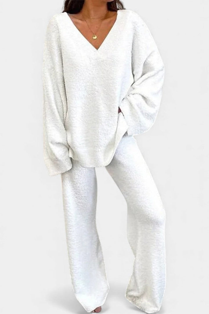 Two Piece Lounge Set for Women - Cozy V-Neck Outfit