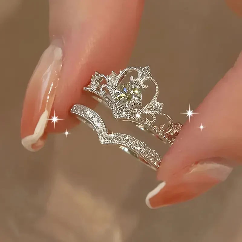 Crown Ring Set in Silver and White Gold Finish