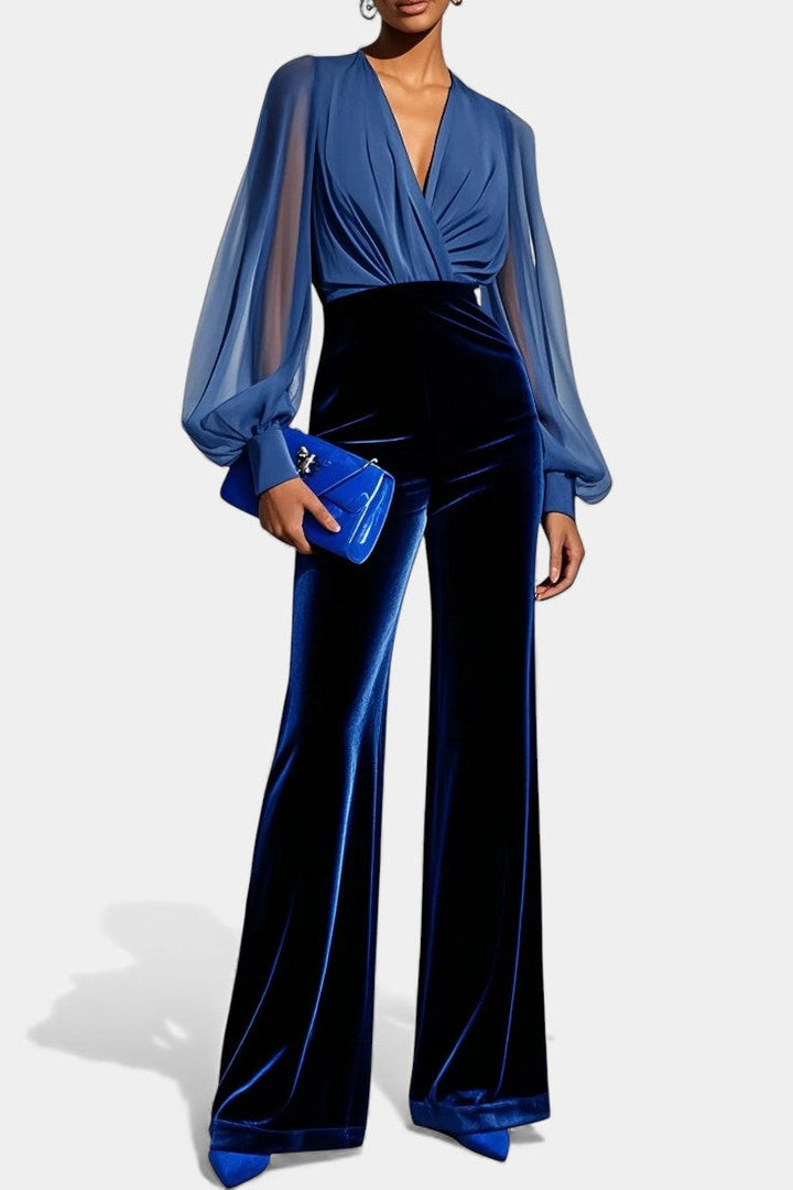 Velvet Jumpsuit for Women - V-Neck Long Sleeve Blue Formal Jumpsuit