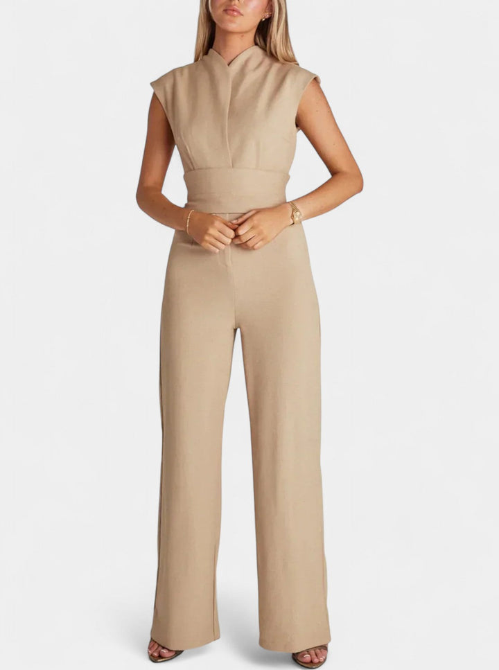 Sleeveless Jumpsuit with High Neck and Wide Leg Flare