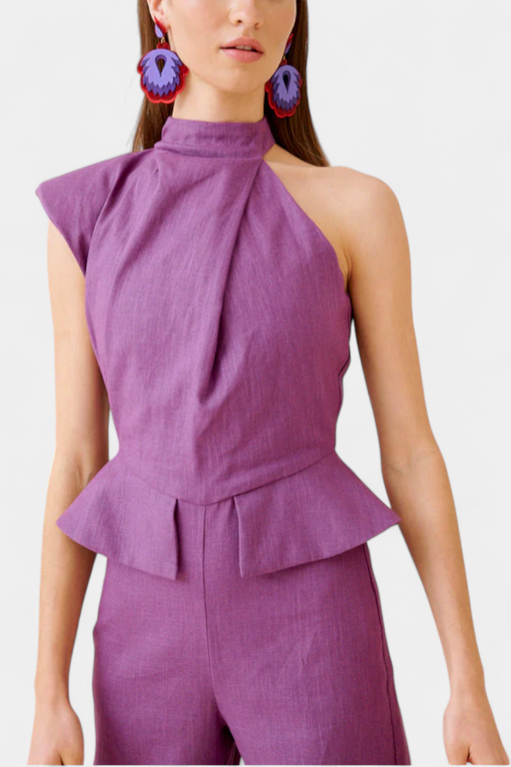 Linen Jumpsuit Women Asymmetrical Shoulder Summer Outfit