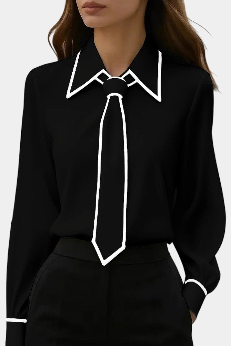 Ivory Blouse with Knotted Collar and Black Contrast Trim