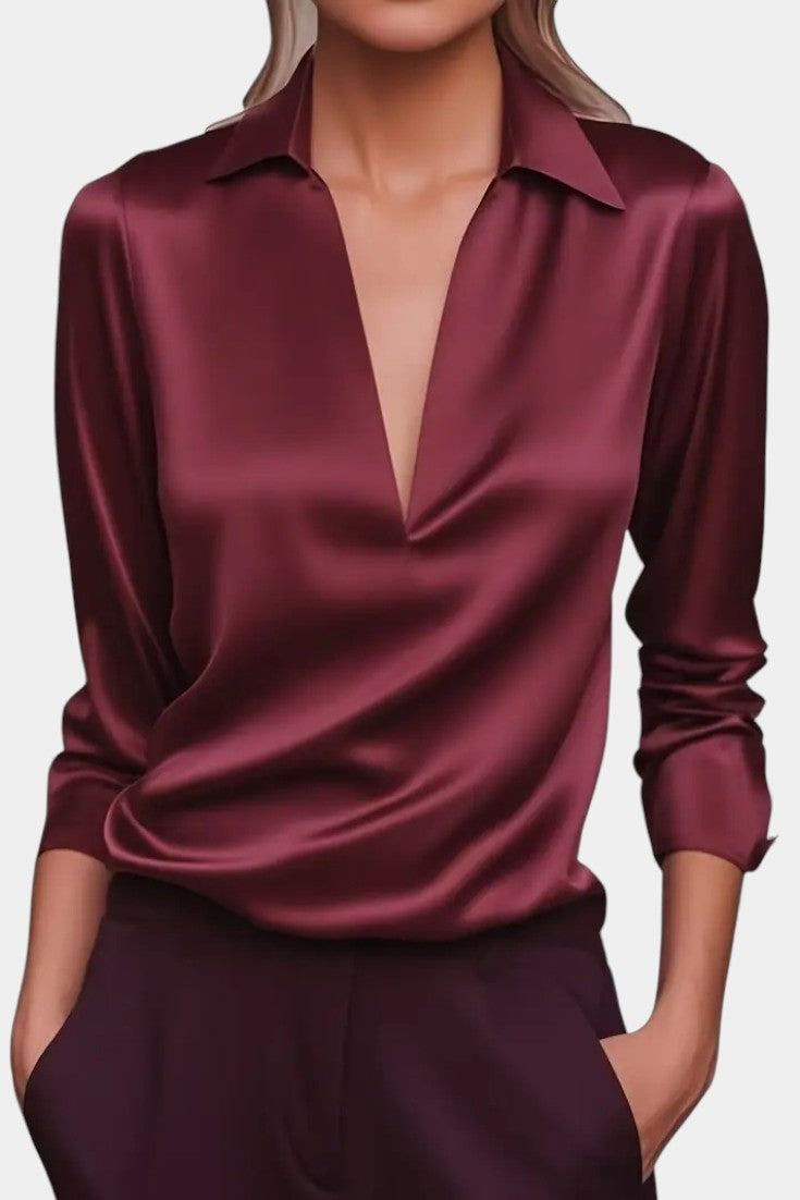 Silver Satin Blouse with Plunging Neckline - Elegant Loose Fit Top