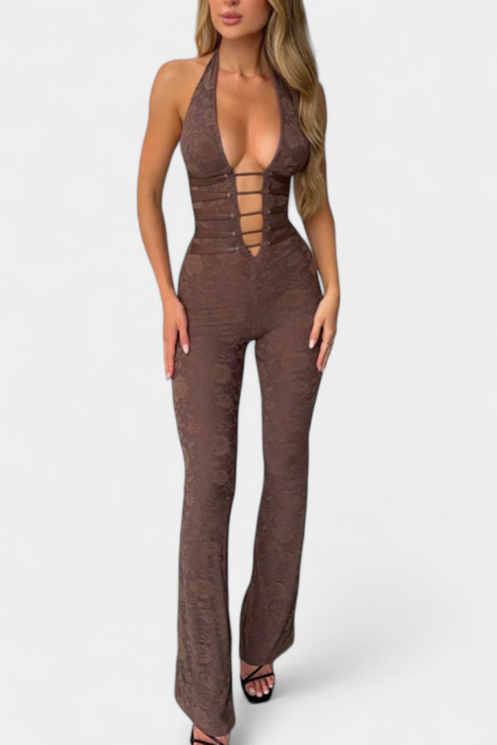 Floral Lace Halter Jumpsuit with Open Back and Flared Leg