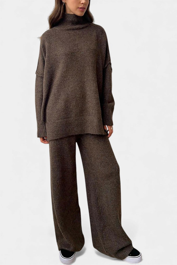 Knit Sweater and Wide Leg Pants Set - Turtleneck Two Piece Outfit