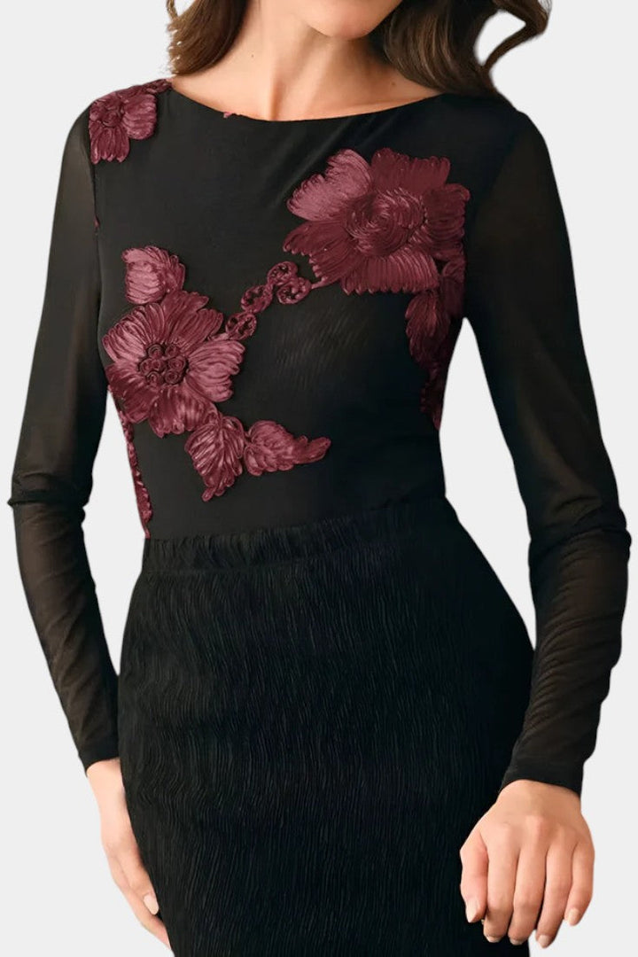 Floral Textured Blouse with Boat Neck - Long Sleeve Top for Women