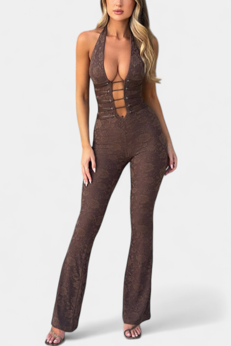 Floral Lace Halter Jumpsuit with Open Back and Flared Leg