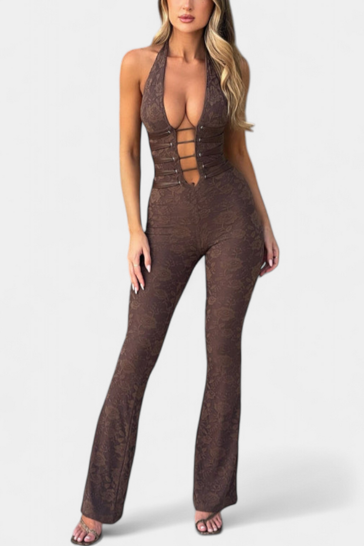 Floral Lace Halter Jumpsuit with Open Back and Flared Leg