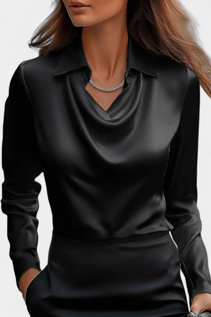 Satin Blouse with Cascade Neckline for Women - Elegant Workwear
