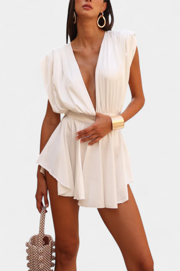 Cape Jumpsuit with Plunging Neckline - Elegant Wide Leg Romper