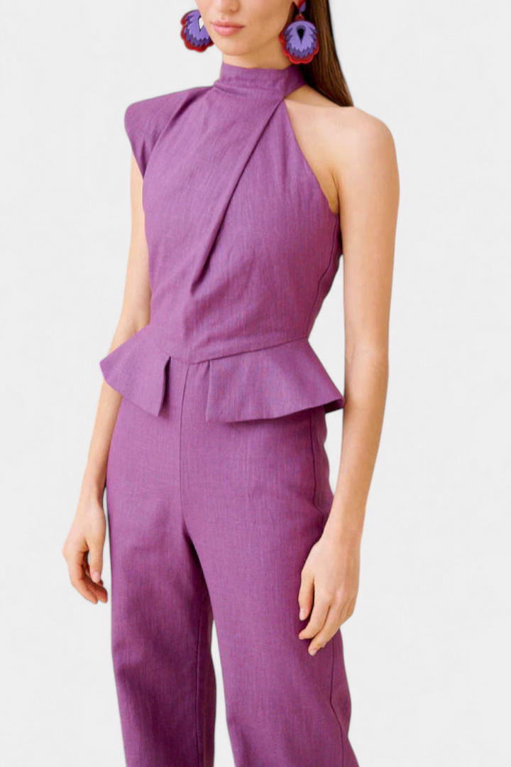 Linen Jumpsuit Women Asymmetrical Shoulder Summer Outfit