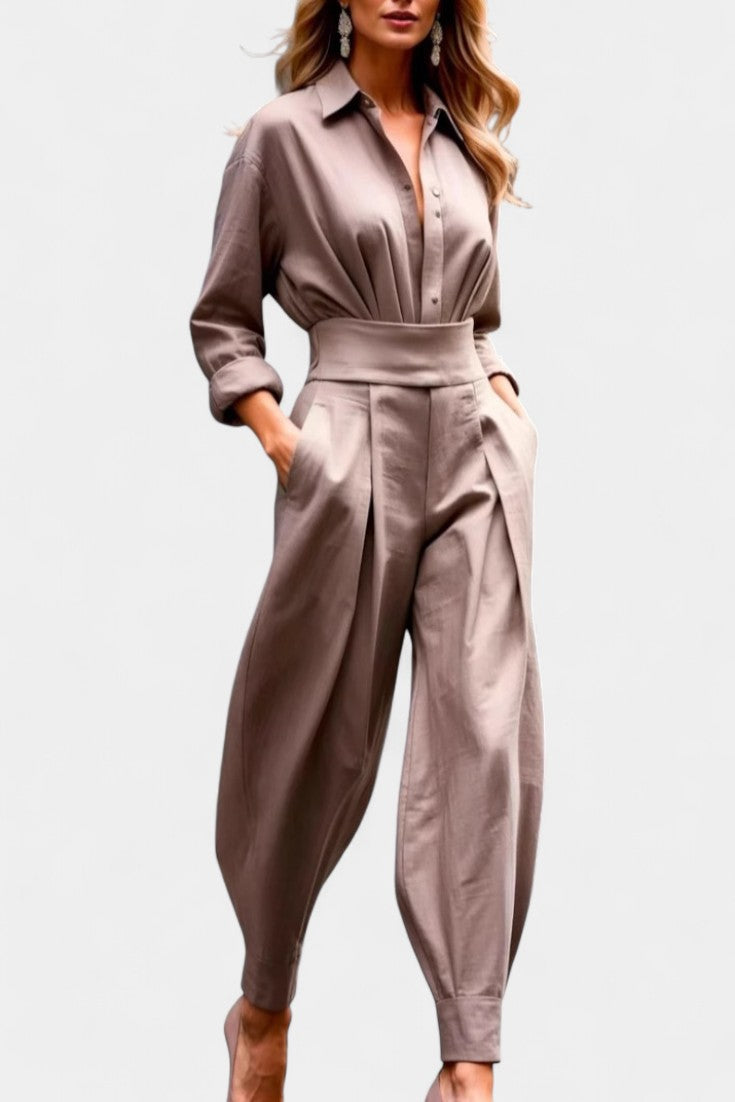Button Up Shirt and Pleated Trouser Set for Women