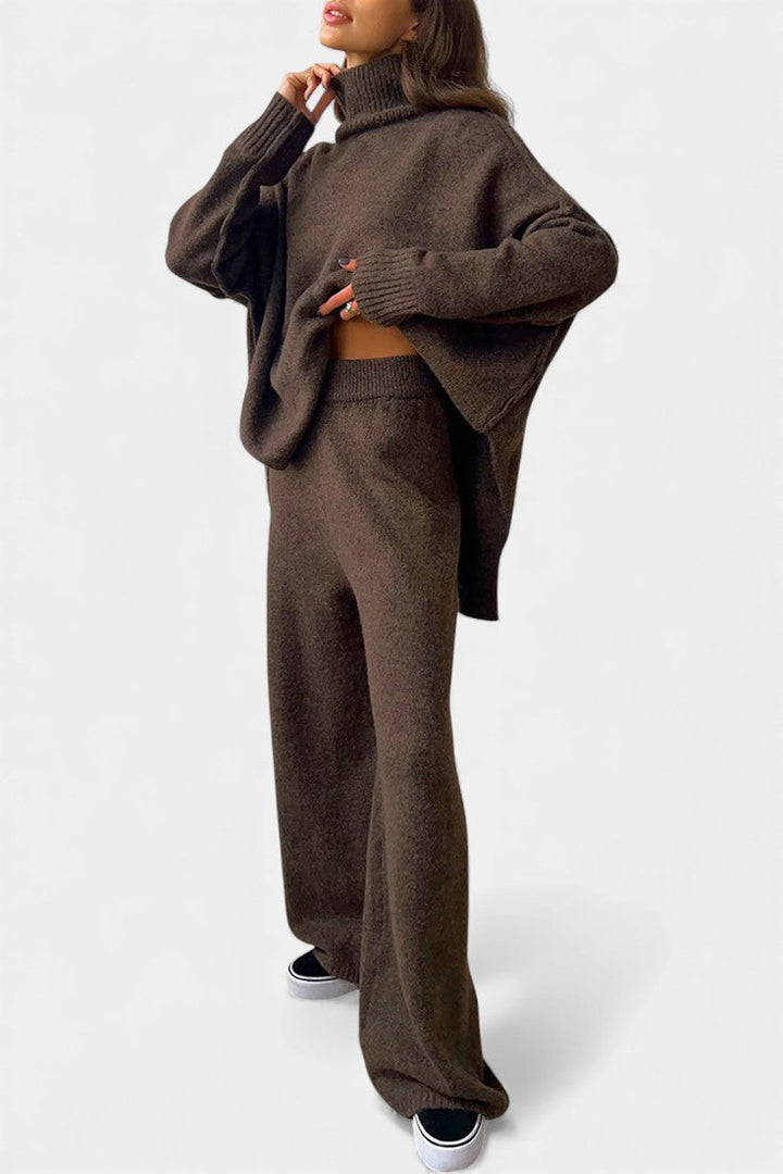 Knit Sweater and Wide Leg Pants Set - Turtleneck Two Piece Outfit