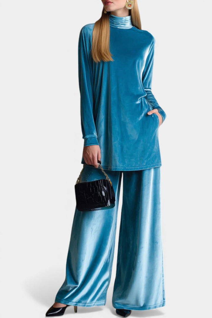 Velvet High Collar Top and Split Pants Set for Women