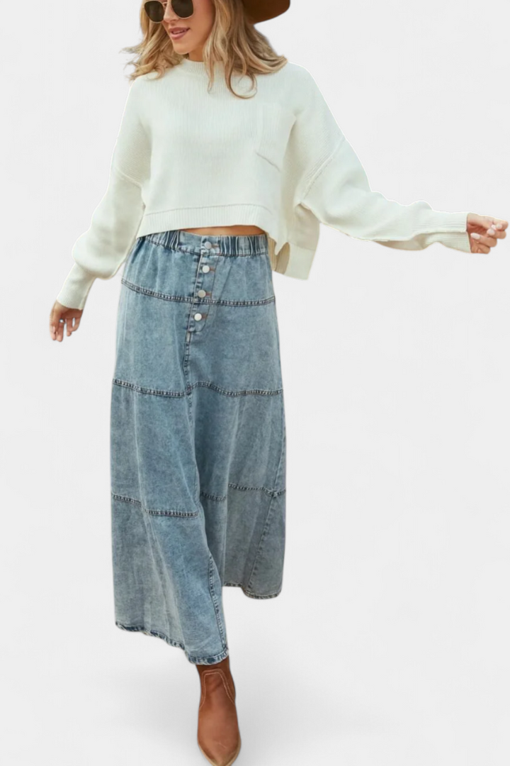 Long Denim Skirt with Feather Trim Detail