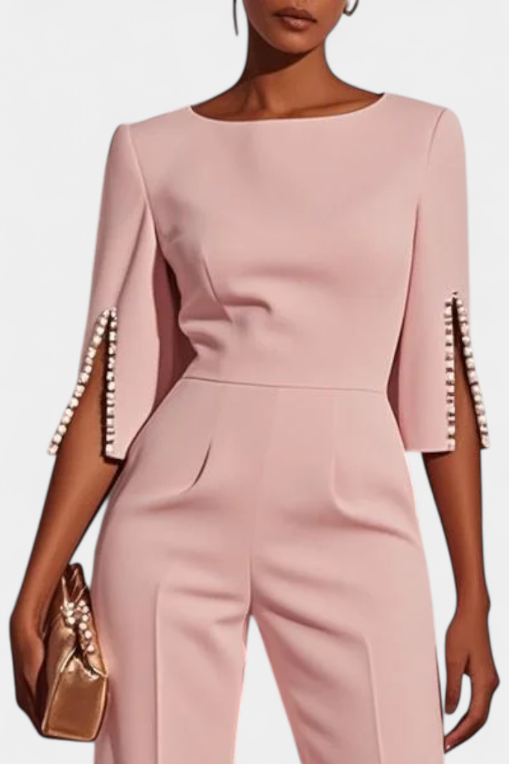 Three-Quarter Sleeve Jumpsuit with Pearl Button Detail
