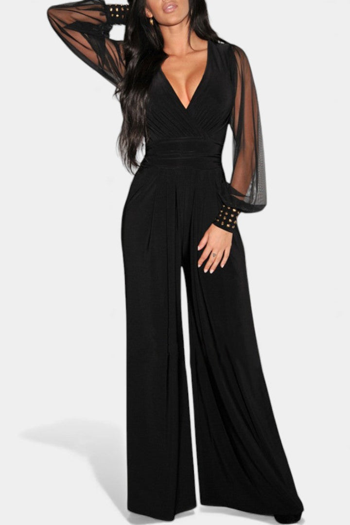 Black Jumpsuit with Sheer Sleeves - Elegant Wide Leg Jumpsuit