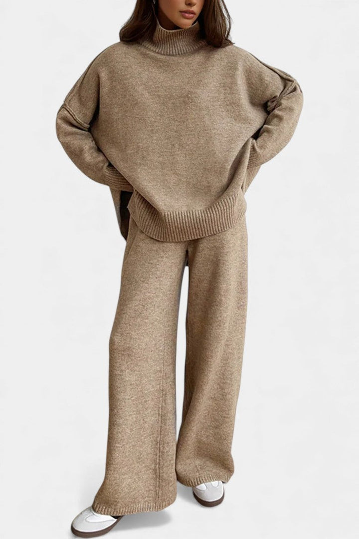Knit Sweater and Wide Leg Pants Set - Turtleneck Two Piece Outfit