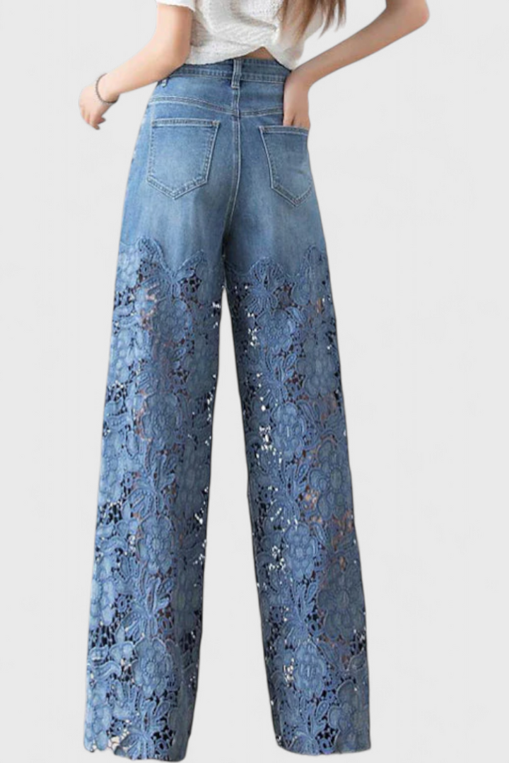 Palazzo Denim Pants with Lace Detail High Waisted Wide Leg
