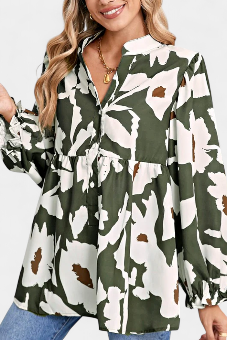 Puff Sleeve Blouse with Abstract Floral Print - Relaxed Fit Top