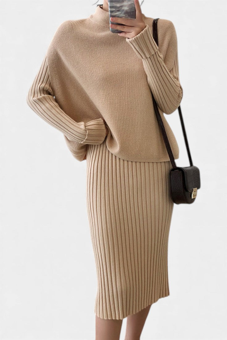 Two Piece Knit Set for Women - Long Sleeve Top and Midi Skirt