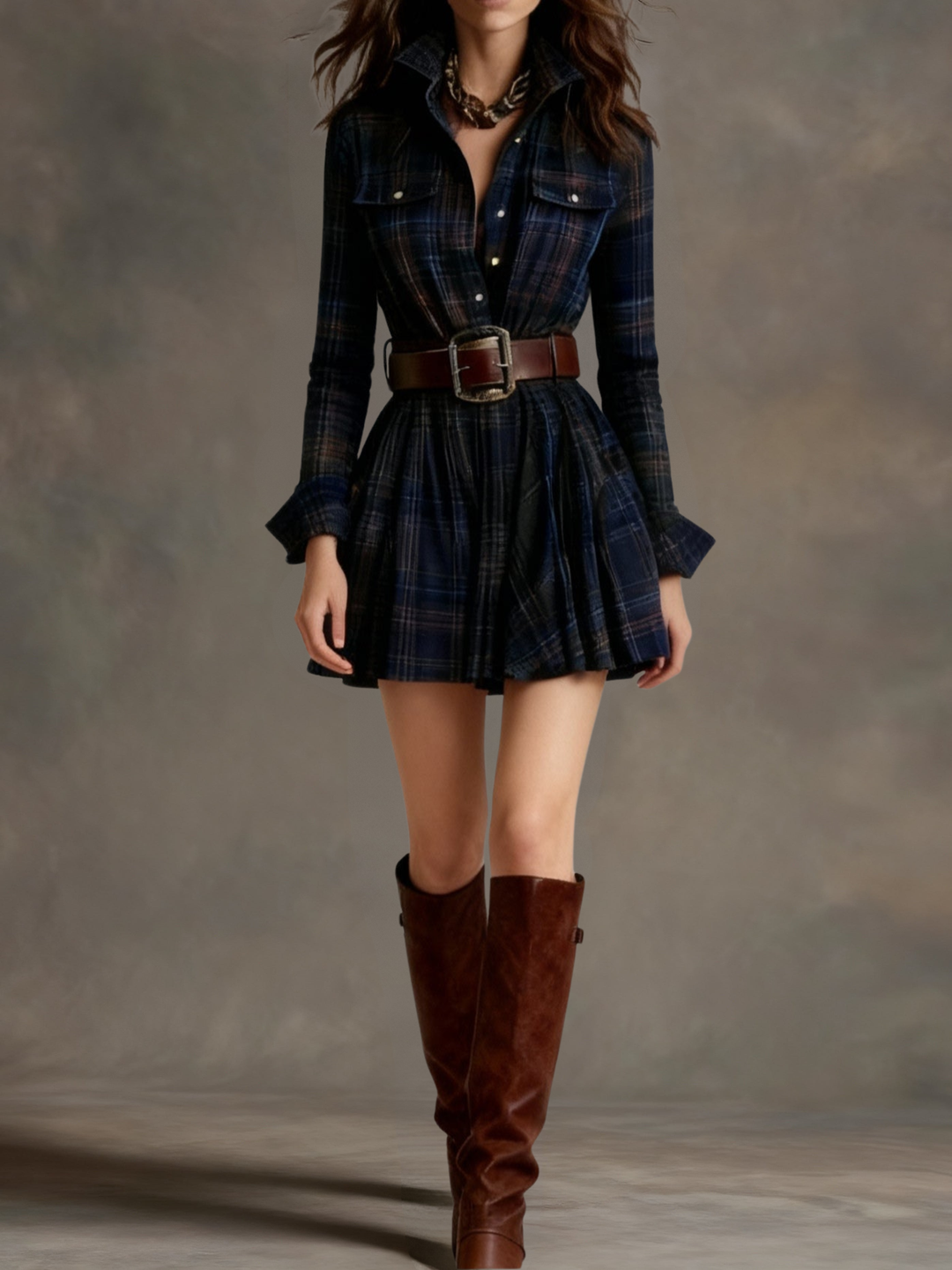 Plaid Shirt Dress Mini Length for Women