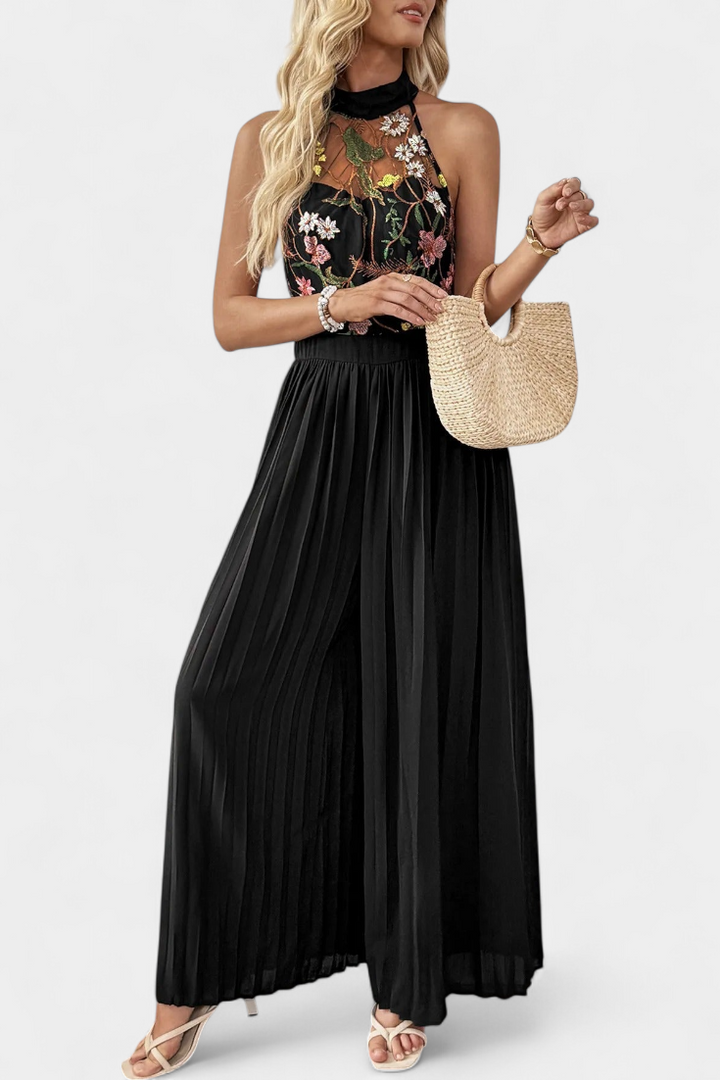 Floral Lace Halter Jumpsuit with Pleated Palazzo Pants