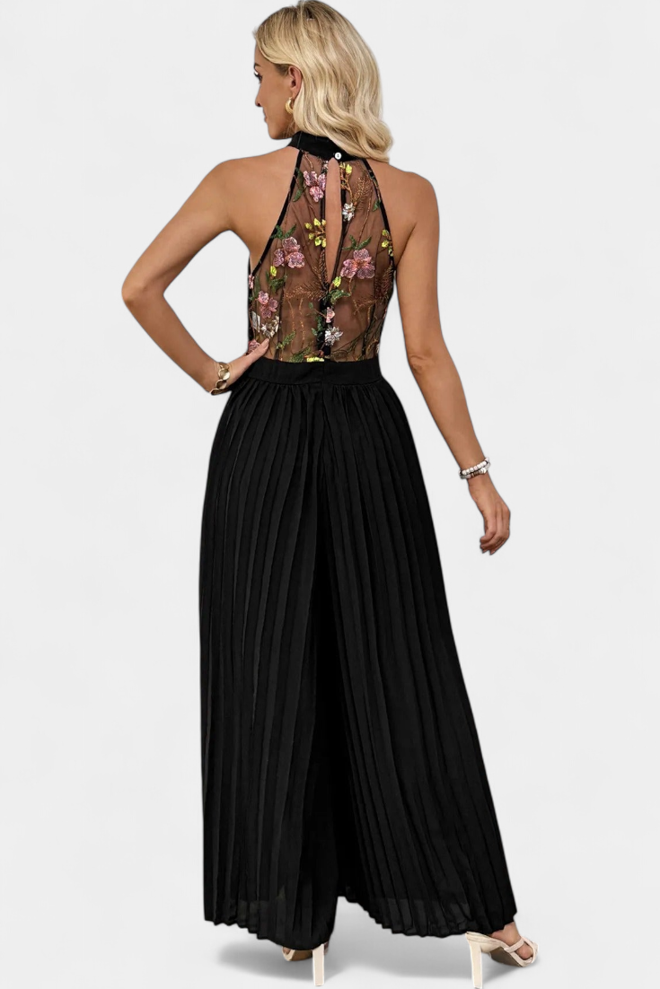 Floral Lace Halter Jumpsuit with Pleated Palazzo Pants