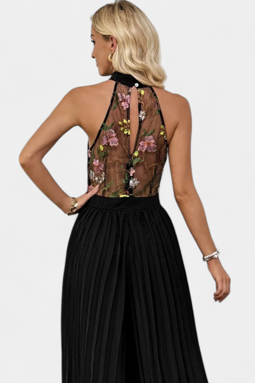 Floral Lace Halter Jumpsuit with Pleated Palazzo Pants