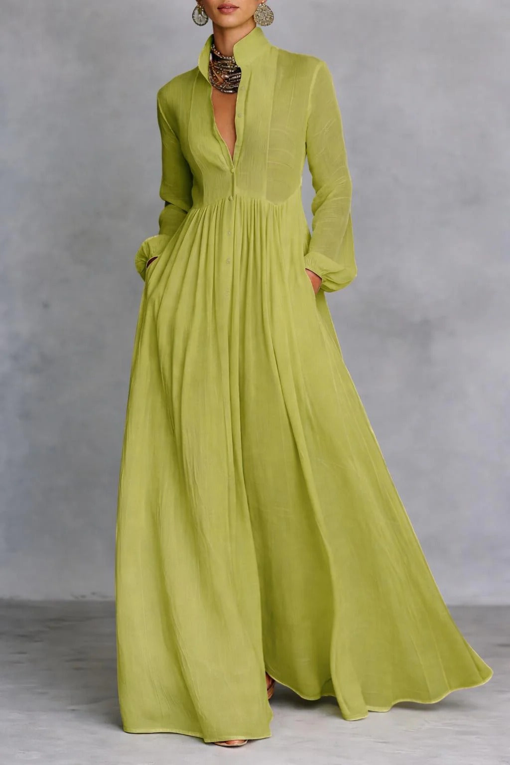 Button Front Maxi Dress for Women - Flowing Elegant Dress