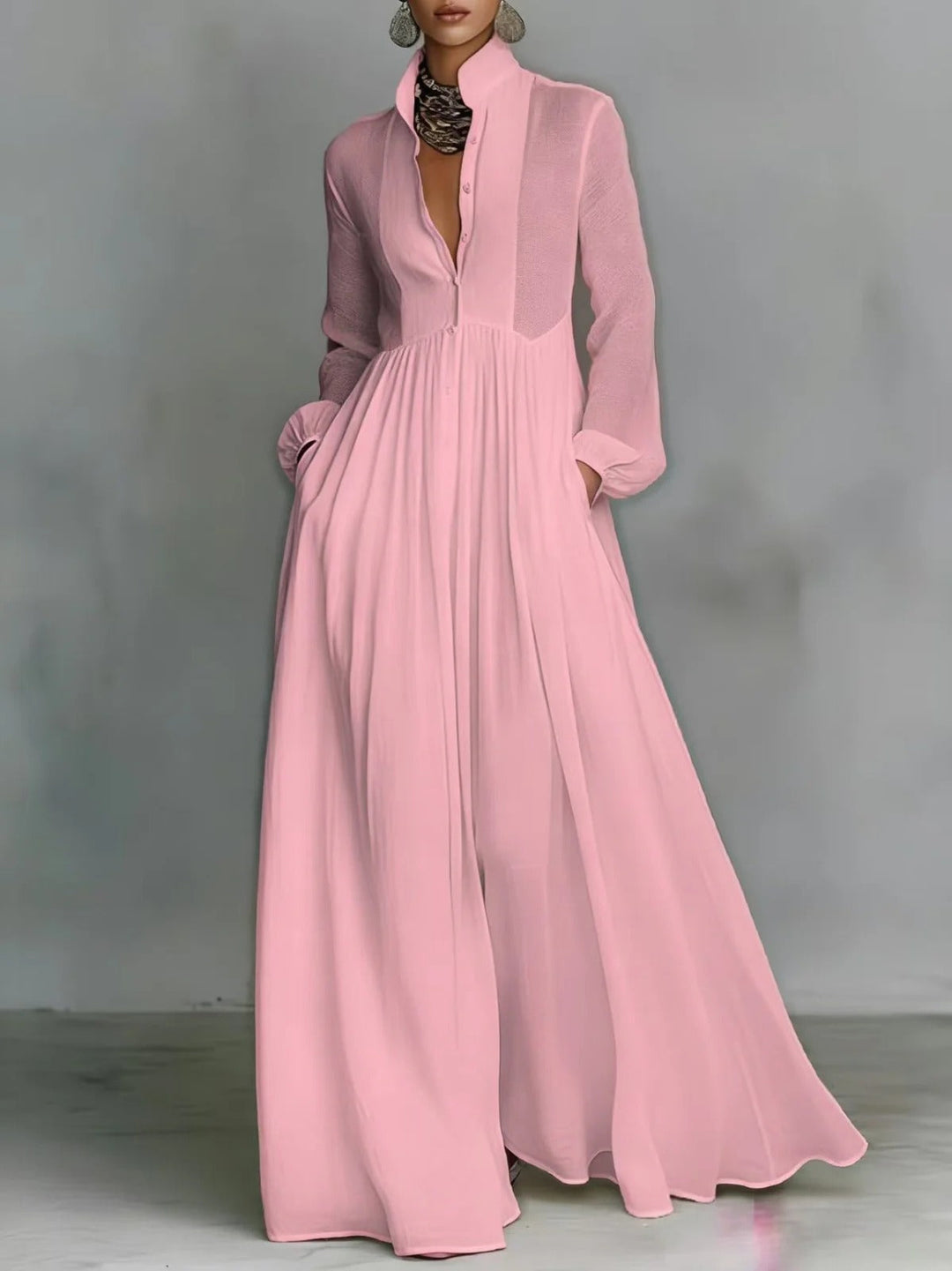 Button Front Maxi Dress - Flowing Elegant Long Dress