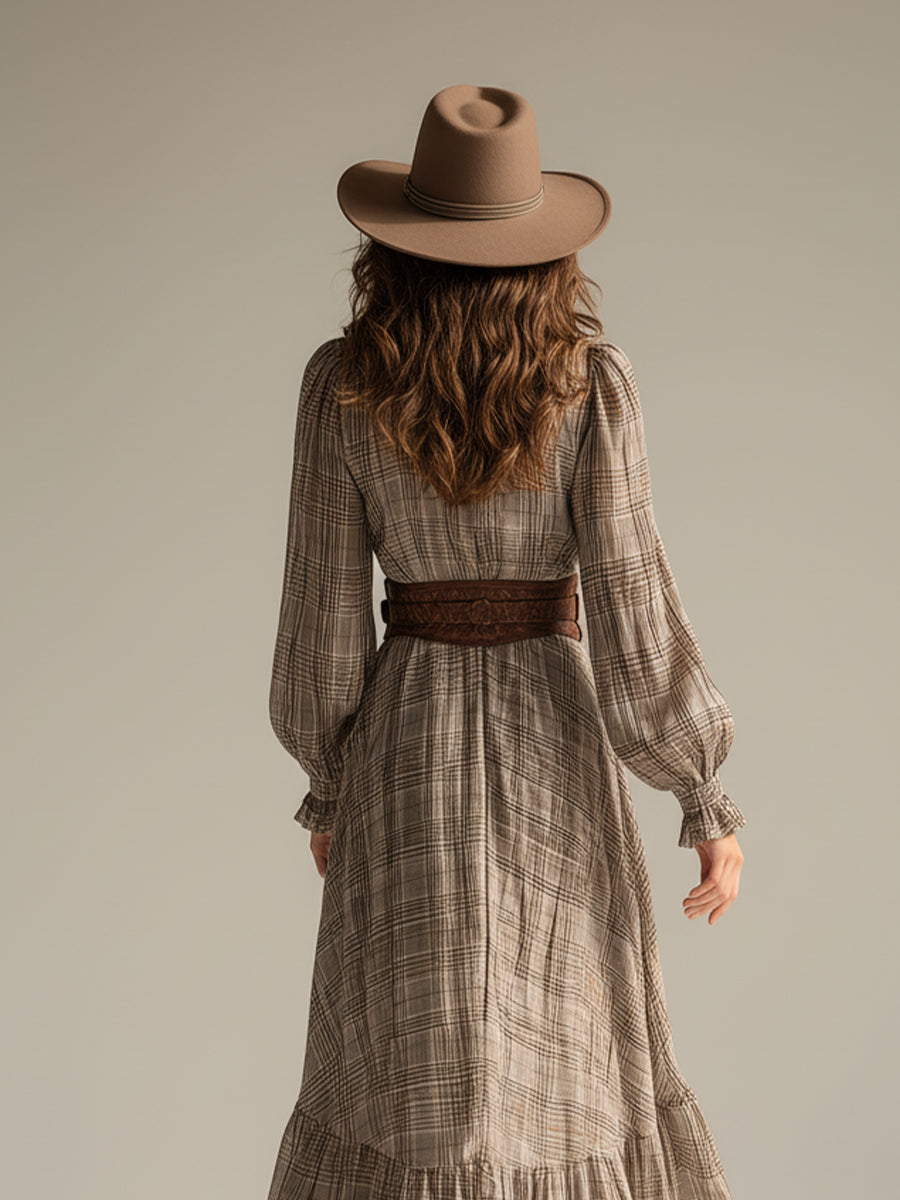 Plaid Midi Dress with Ruffles - Flowy Chiffon Bohemian Style