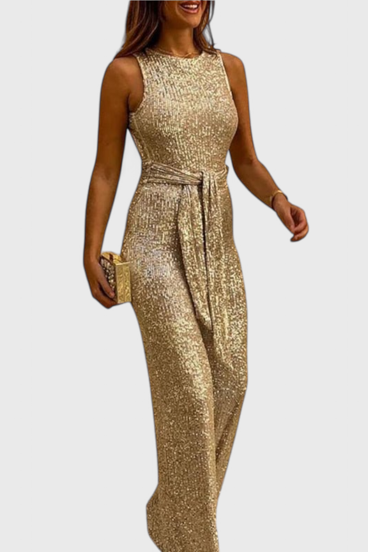 Sequin Jumpsuit for Women - Adjustable Waist Long Evening Jumpsuit