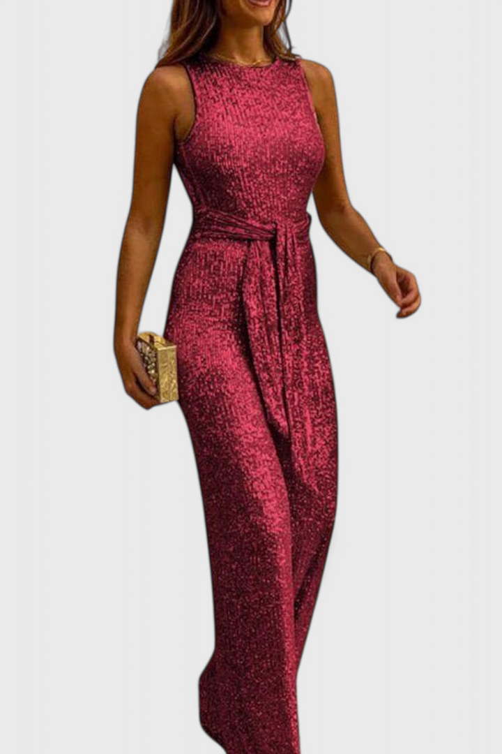 Sequin Jumpsuit for Women - Adjustable Waist Long Evening Jumpsuit