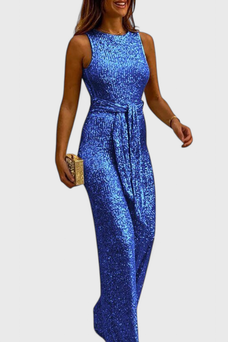 Sequin Jumpsuit for Women - Adjustable Waist Long Evening Jumpsuit