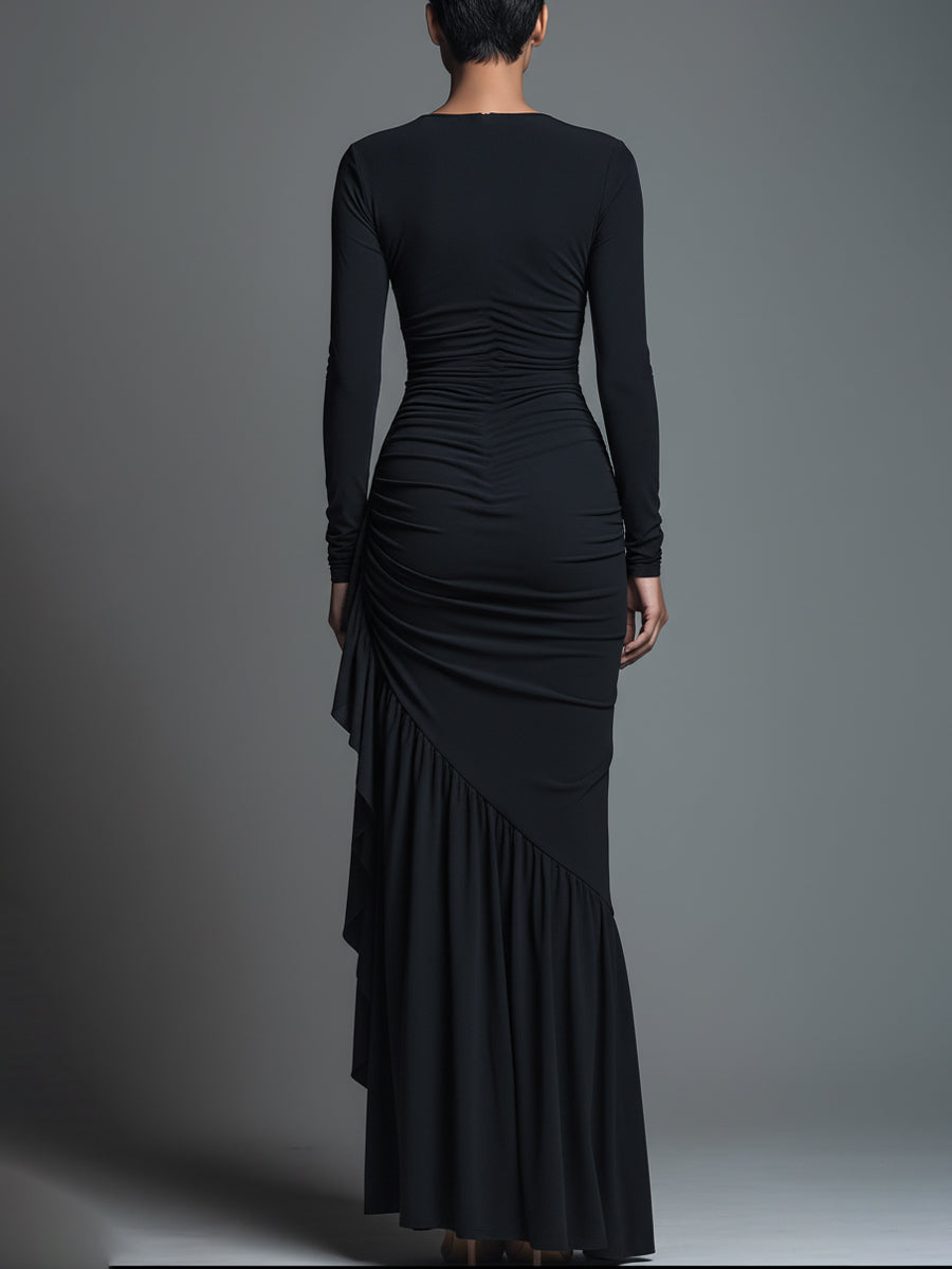 Black Maxi Dress with Ruched Detailing - Long Sleeve Jersey Knit