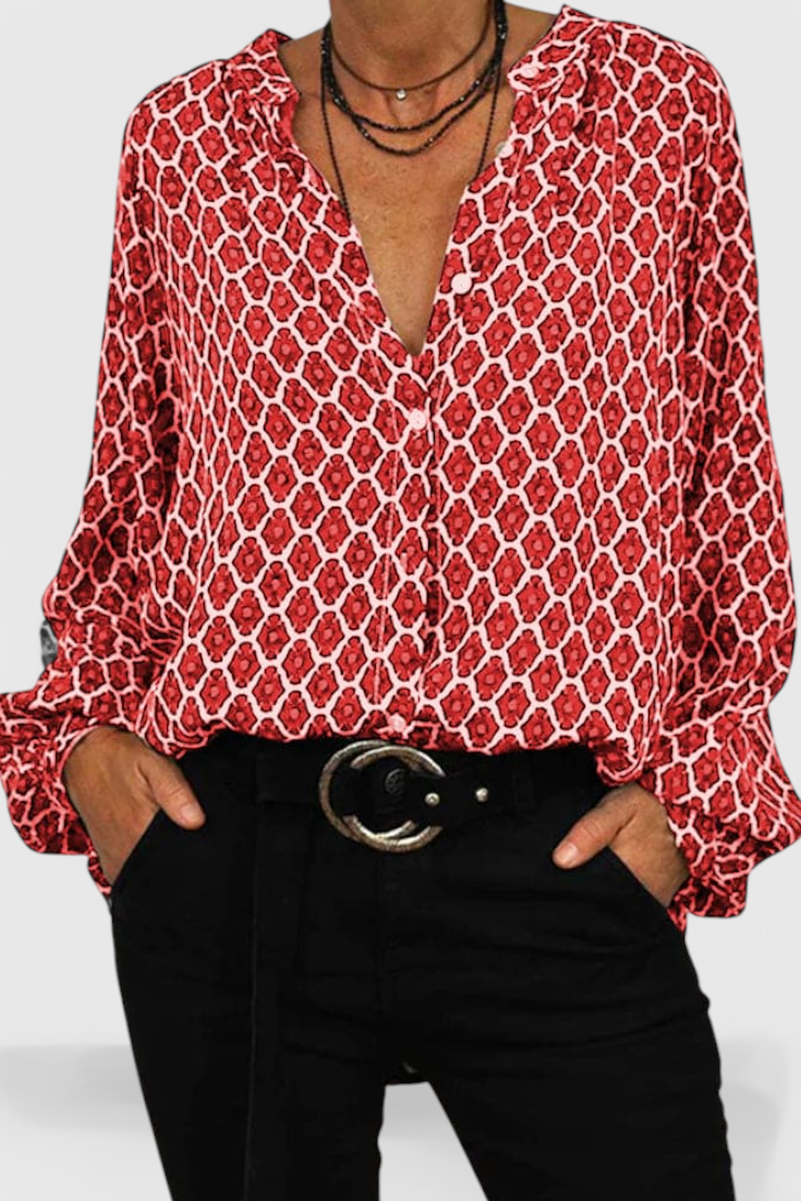 Geometric Print Blouse with Button Details and V-Neck