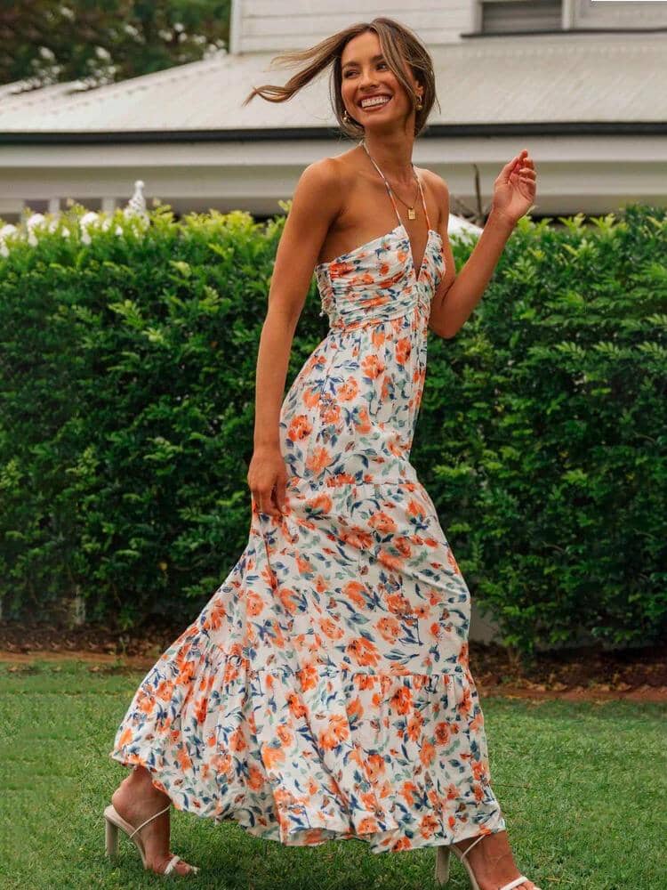 Floral Maxi Dress with Elegant Neckline for Summer