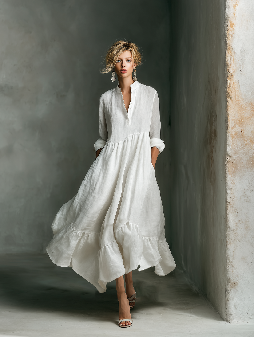 White Maxi Dress Long Sleeve with Ruffles for Women