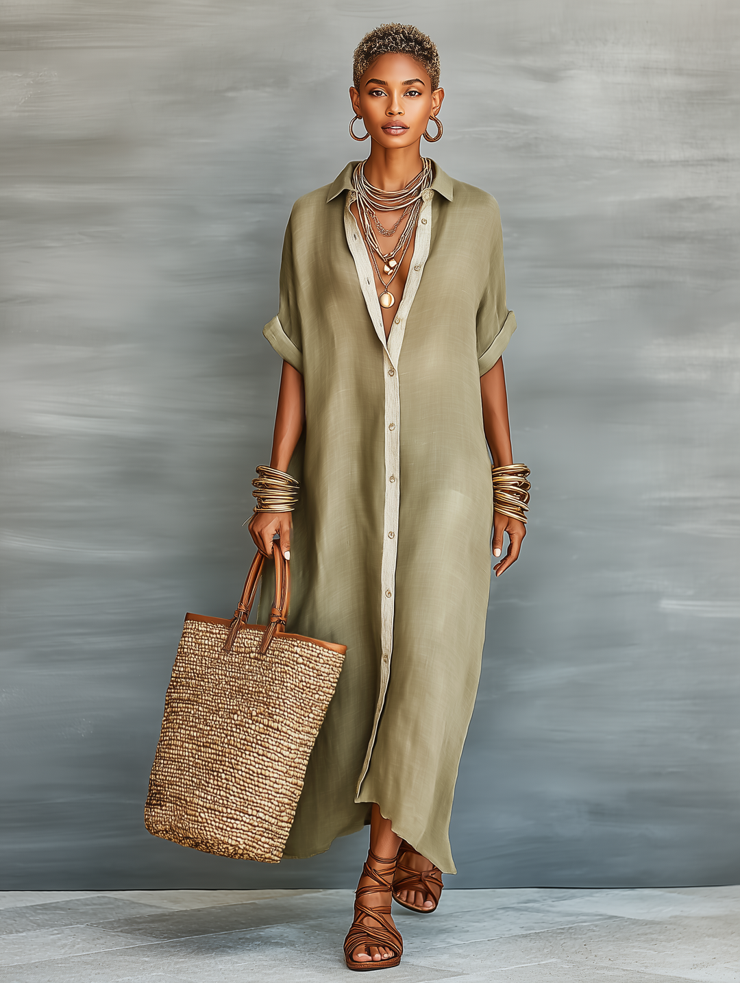 Linen Maxi Dress Short Sleeve Shirt Dress for Women