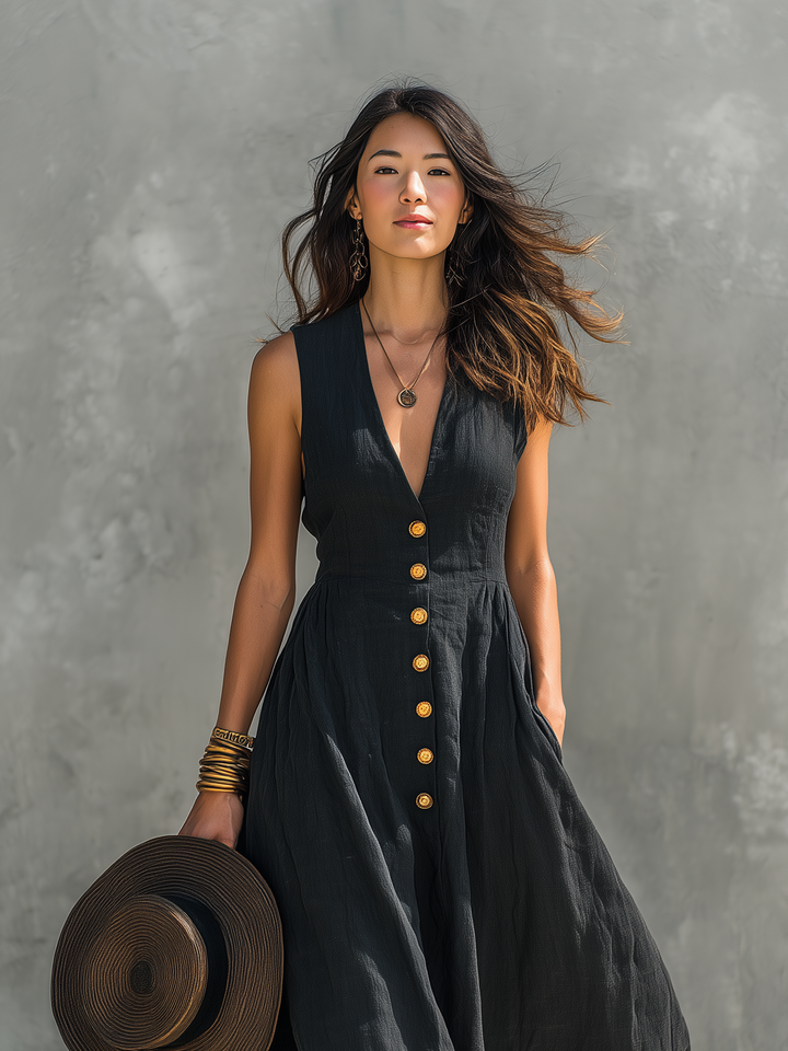 Black Linen Maxi Dress for Women V-Neck Sleeveless