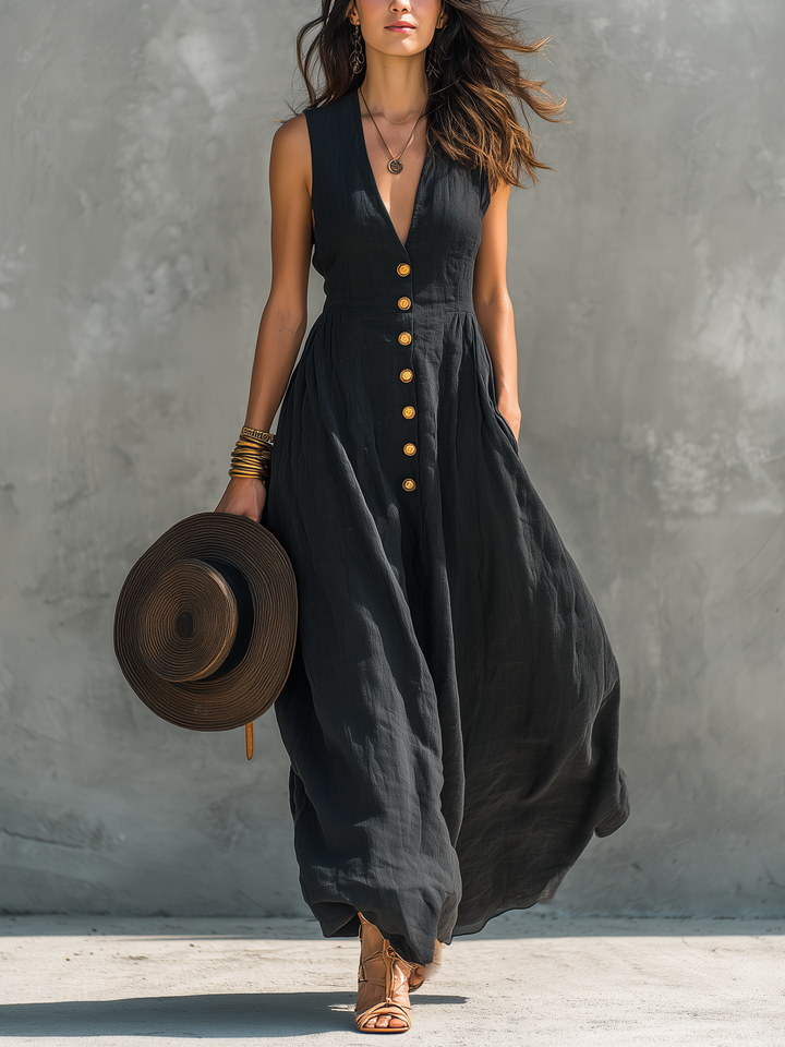 Black Linen Maxi Dress for Women V-Neck Sleeveless