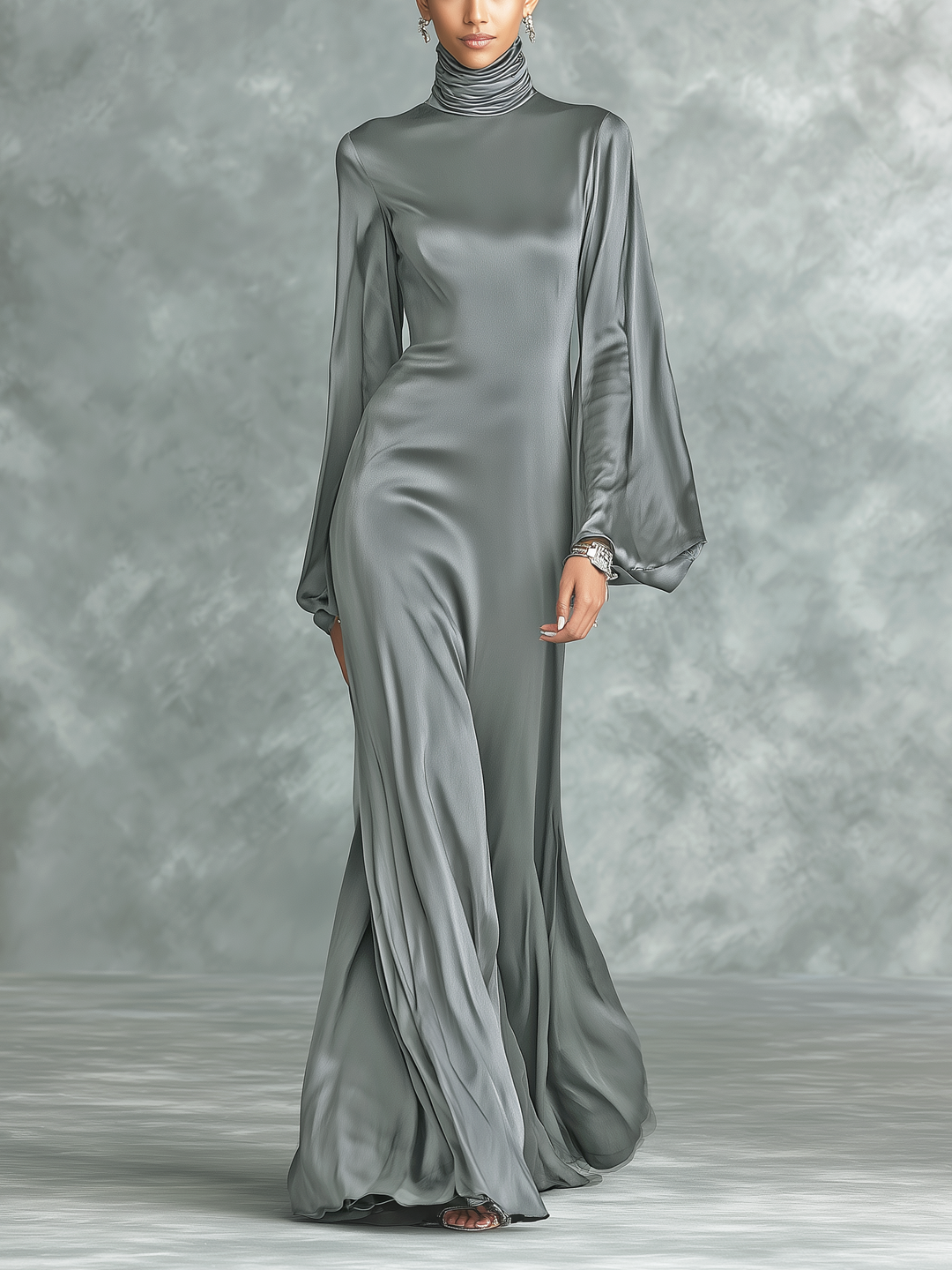 Satin Maxi Dress Long Sleeve High Neck Loose Fit Grey