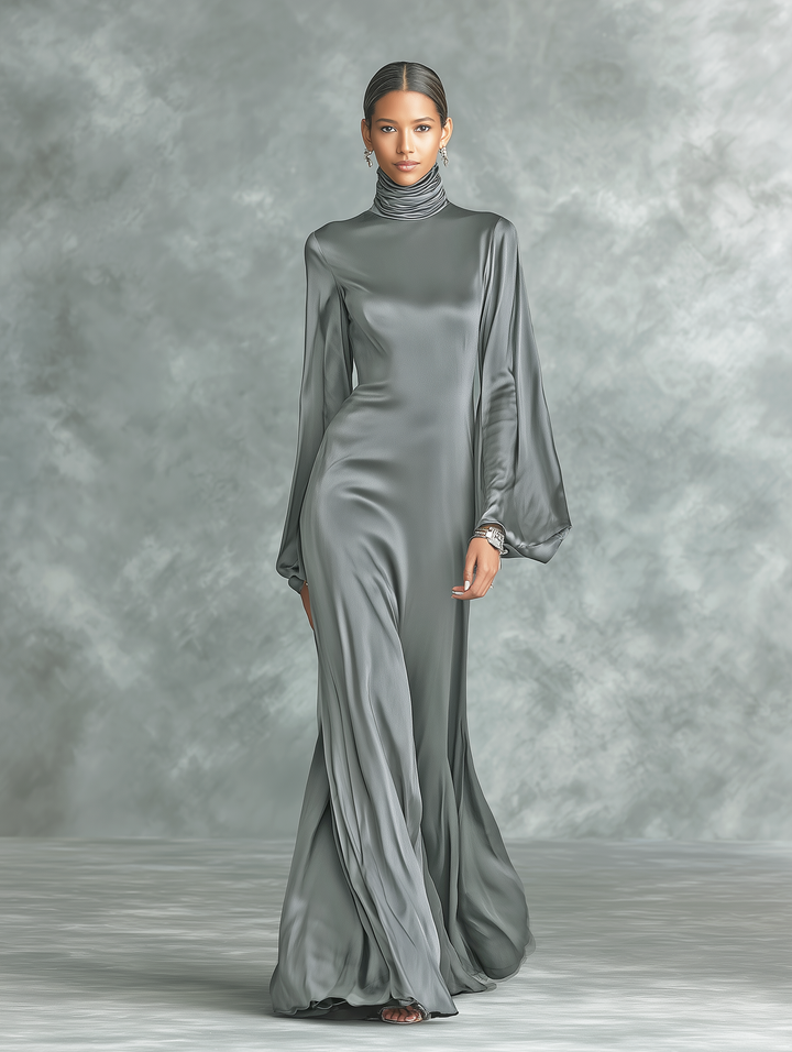 Satin Maxi Dress Long Sleeve High Neck Loose Fit Grey