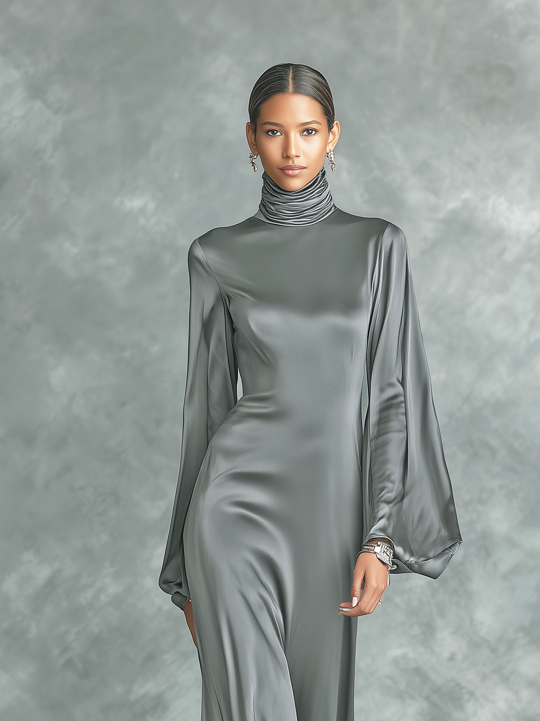 Satin Maxi Dress Long Sleeve High Neck Loose Fit Grey